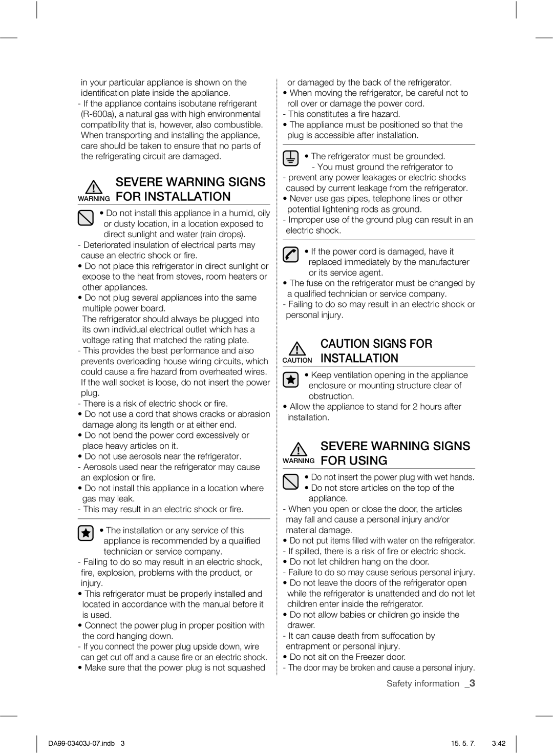 Samsung RFG23UEPN1/SML manual Severe Warning Signs Warning for Installation, Severe Warning Signs Warning for Using 