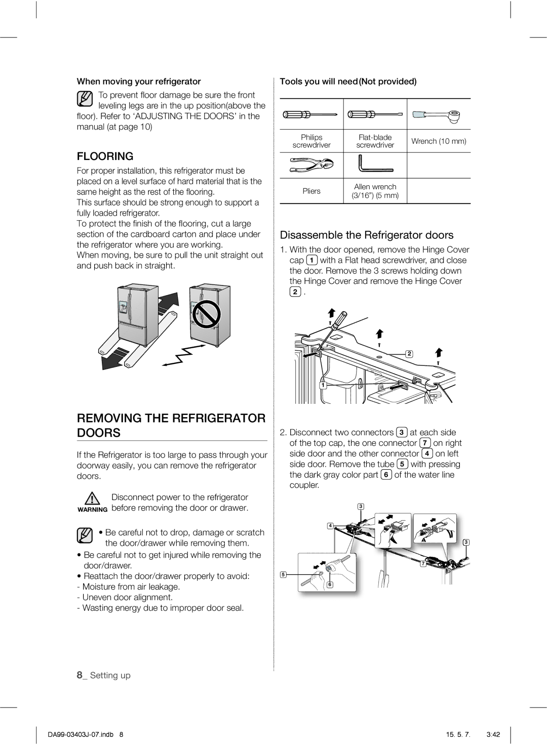 Samsung RFG23UEPN1/SML Removing the Refrigerator Doors, Disassemble the Refrigerator doors, When moving your refrigerator 