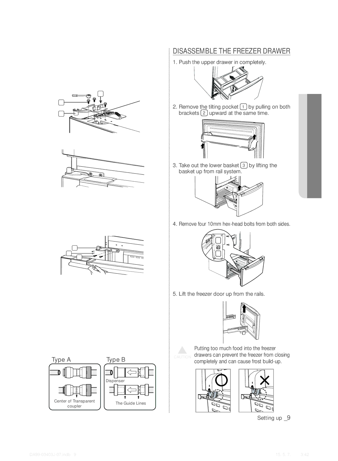 Samsung RFG23UEPN1/SML Reattaching the Refrigerator Doors, Remove four 10mm hex-head bolts from both sides, Dispenser 