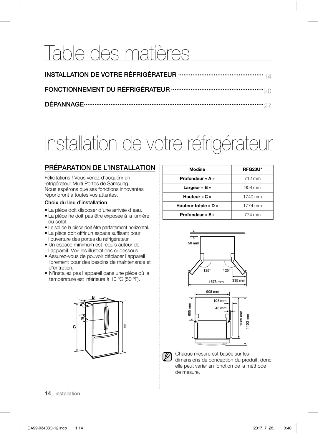 Samsung RFG23RESL1/XEF, RFG23UERS1/XEO, RFG23UERS1/XTR, RFG23UERS1/XEF Table des matières, Préparation DE L’INSTALLATION 