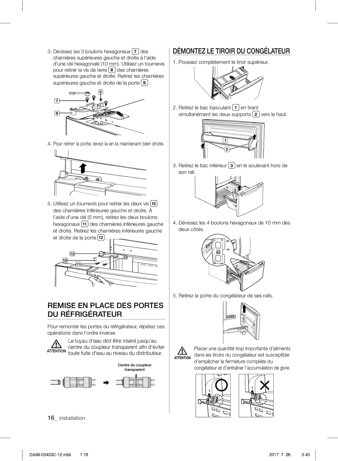 Samsung RFG23UERS1/XEO, RFG23UERS1/XTR manual Démontez LE Tiroir DU Congélateur, Remise EN Place DES Portes DU Réfrigérateur 