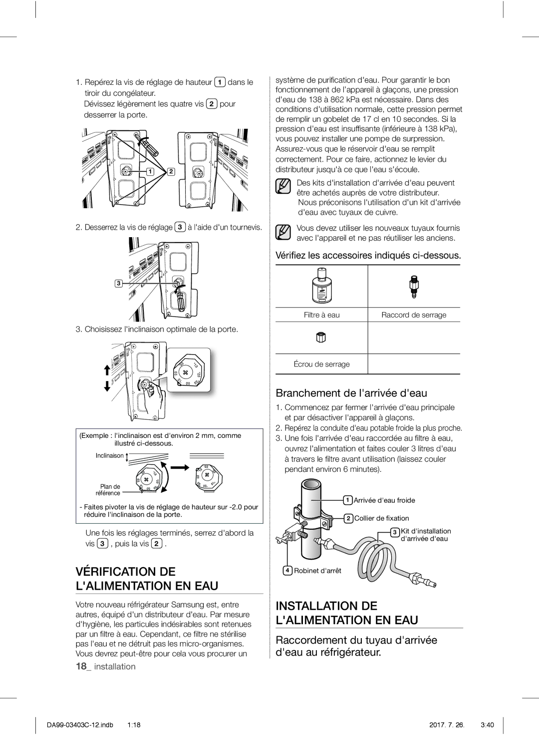 Samsung RFG23RESL1/XEF, RFG23UERS1/XEO manual Vérification DE Lalimentation EN EAU, Installation DE Lalimentation EN EAU 