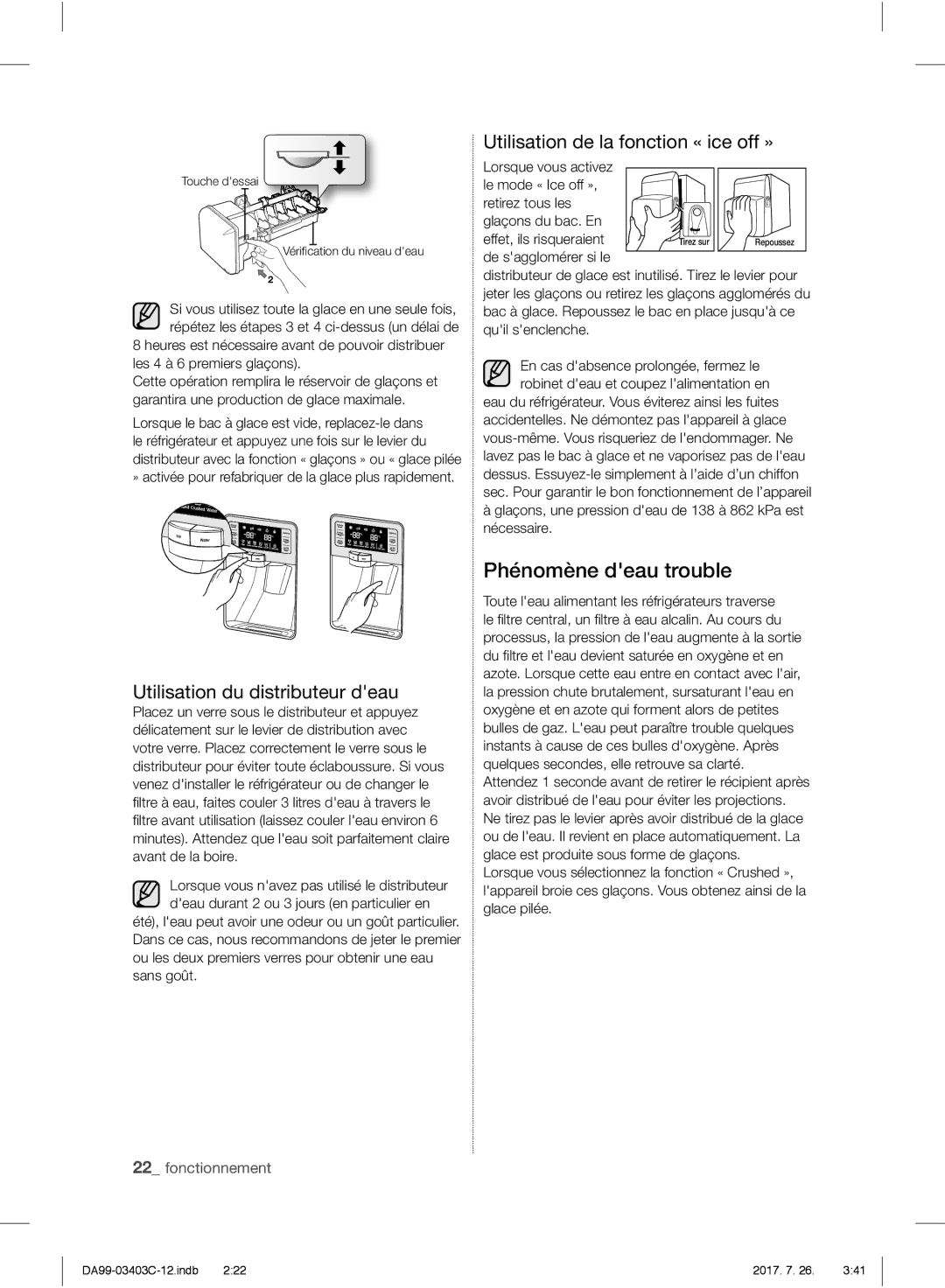 Samsung RFG23RESL1/XEF, RFG23UERS1/XEO manual Utilisation du distributeur deau, Utilisation de la fonction « ice off » 