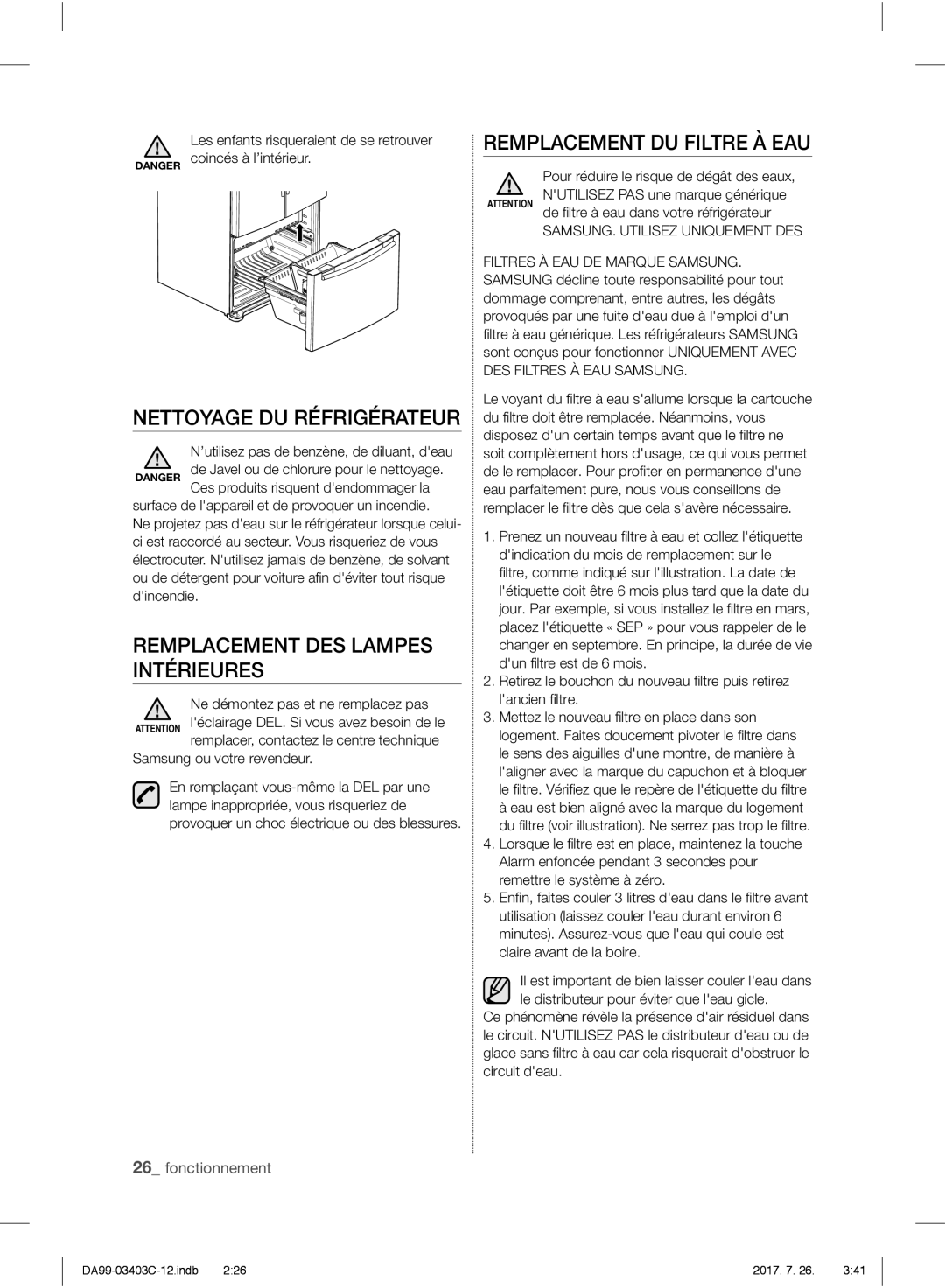 Samsung RFG23RESL1/XEF manual Remplacement DU Filtre À EAU, Nettoyage DU Réfrigérateur, Remplacement DES Lampes Intérieures 