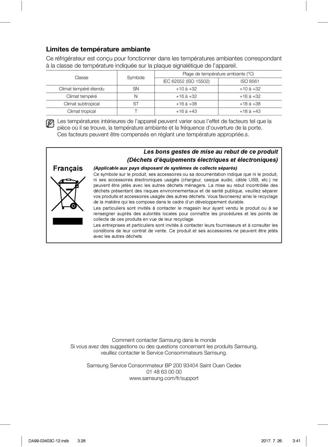 Samsung RFG23UERS1/XEO, RFG23UERS1/XTR, RFG23RESL1/XEF, RFG23UERS1/XEF manual Limites de température ambiante 