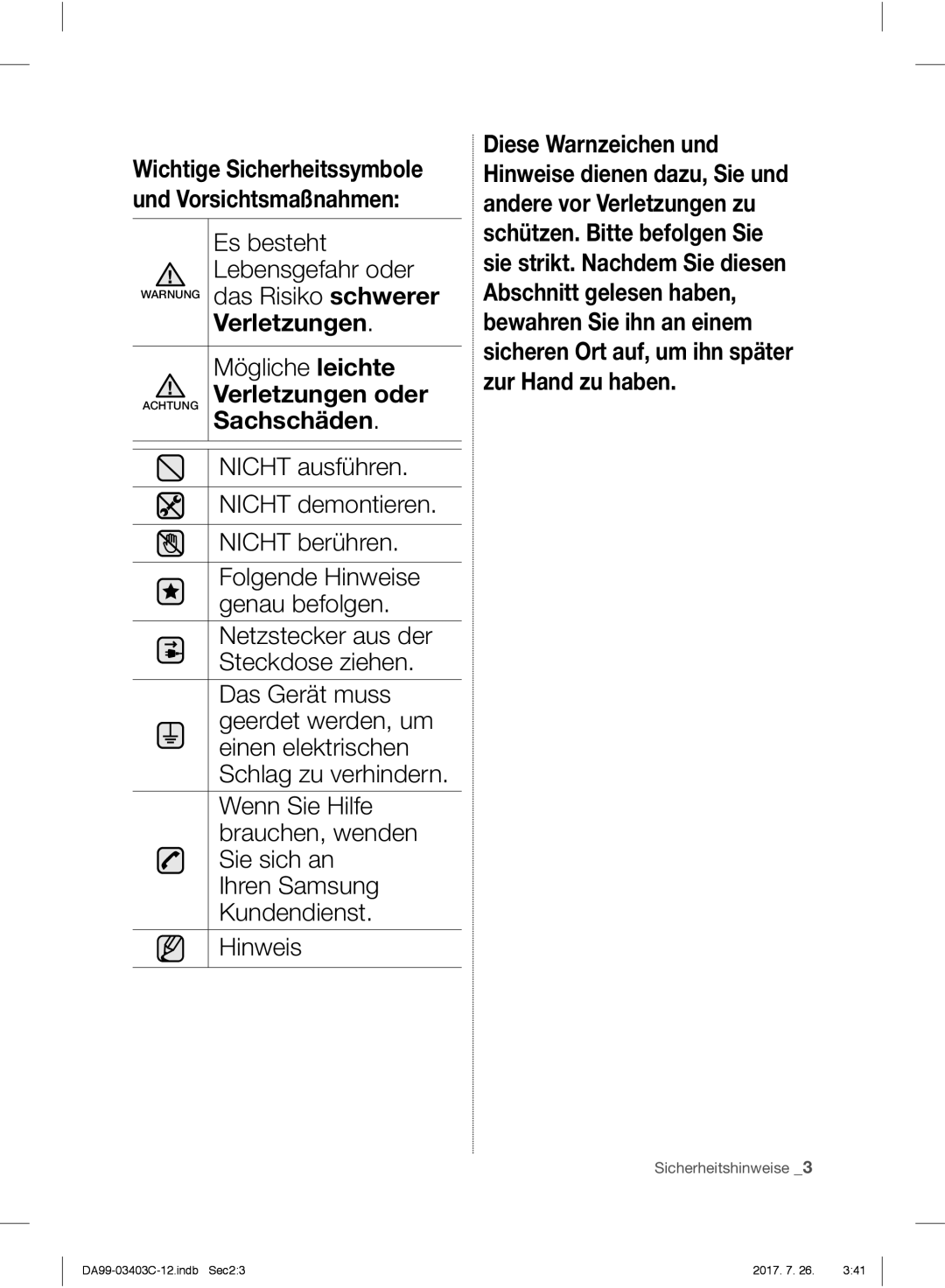 Samsung RFG23UERS1/XEF, RFG23UERS1/XEO, RFG23UERS1/XTR, RFG23RESL1/XEF manual Achtung Verletzungen oder Sachschäden 