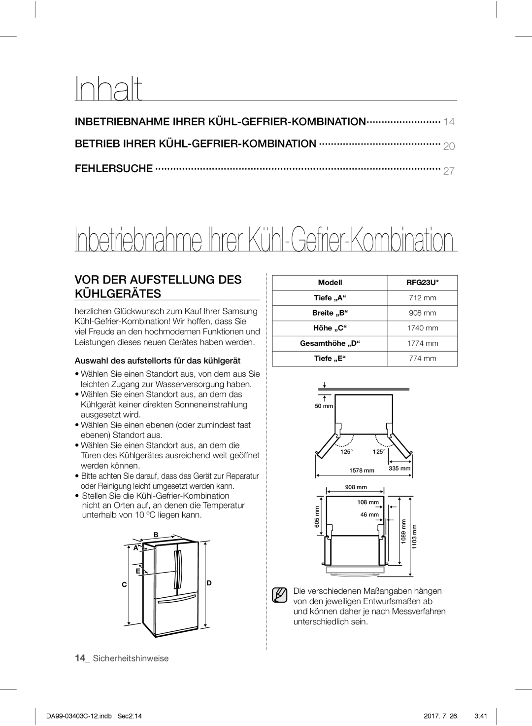 Samsung RFG23RESL1/XEF manual Inhalt, VOR DER Aufstellung DES Kühlgerätes, Auswahl des aufstellorts für das kühlgerät 