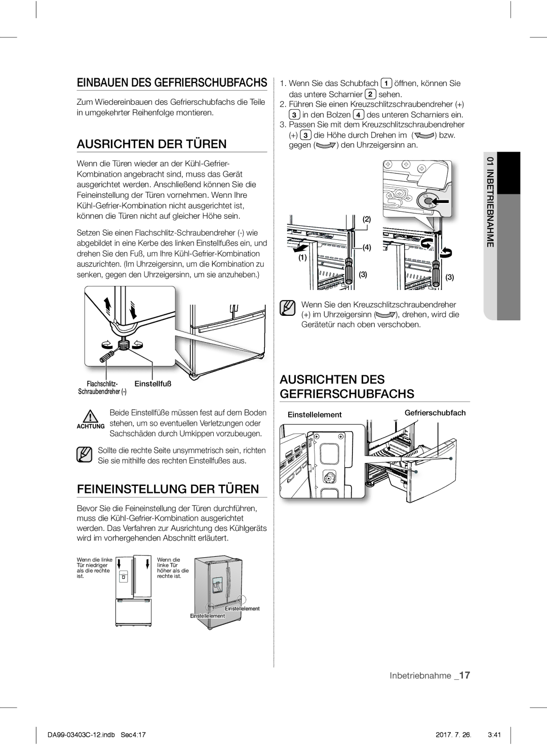 Samsung RFG23UERS1/XTR, RFG23UERS1/XEO Ausrichten DER Türen, Ausrichten DES Gefrierschubfachs, Feineinstellung DER Türen 