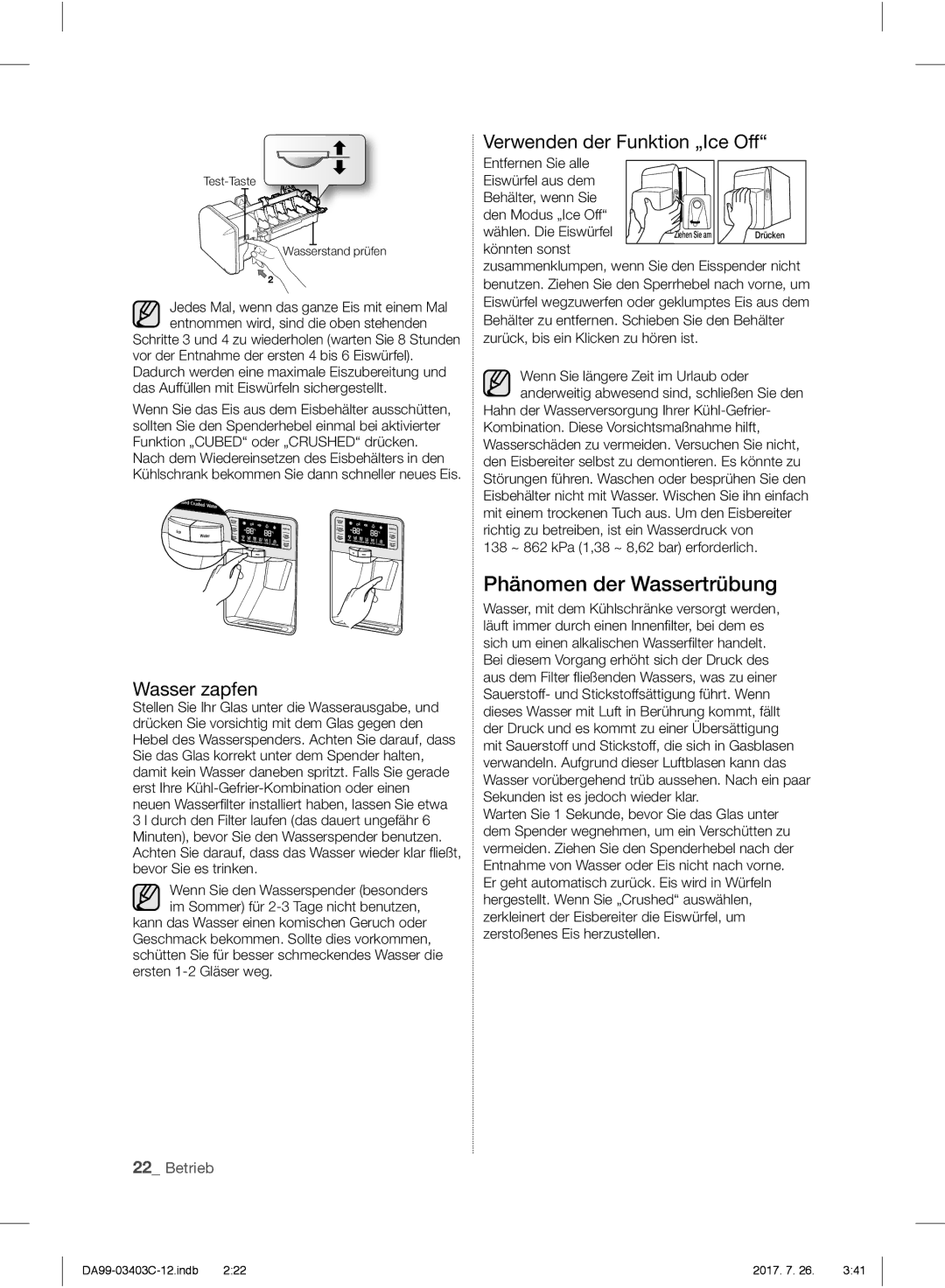 Samsung RFG23RESL1/XEF, RFG23UERS1/XEO, RFG23UERS1/XTR manual Wasser zapfen, Verwenden der Funktion „Ice Off, Könnten sonst 