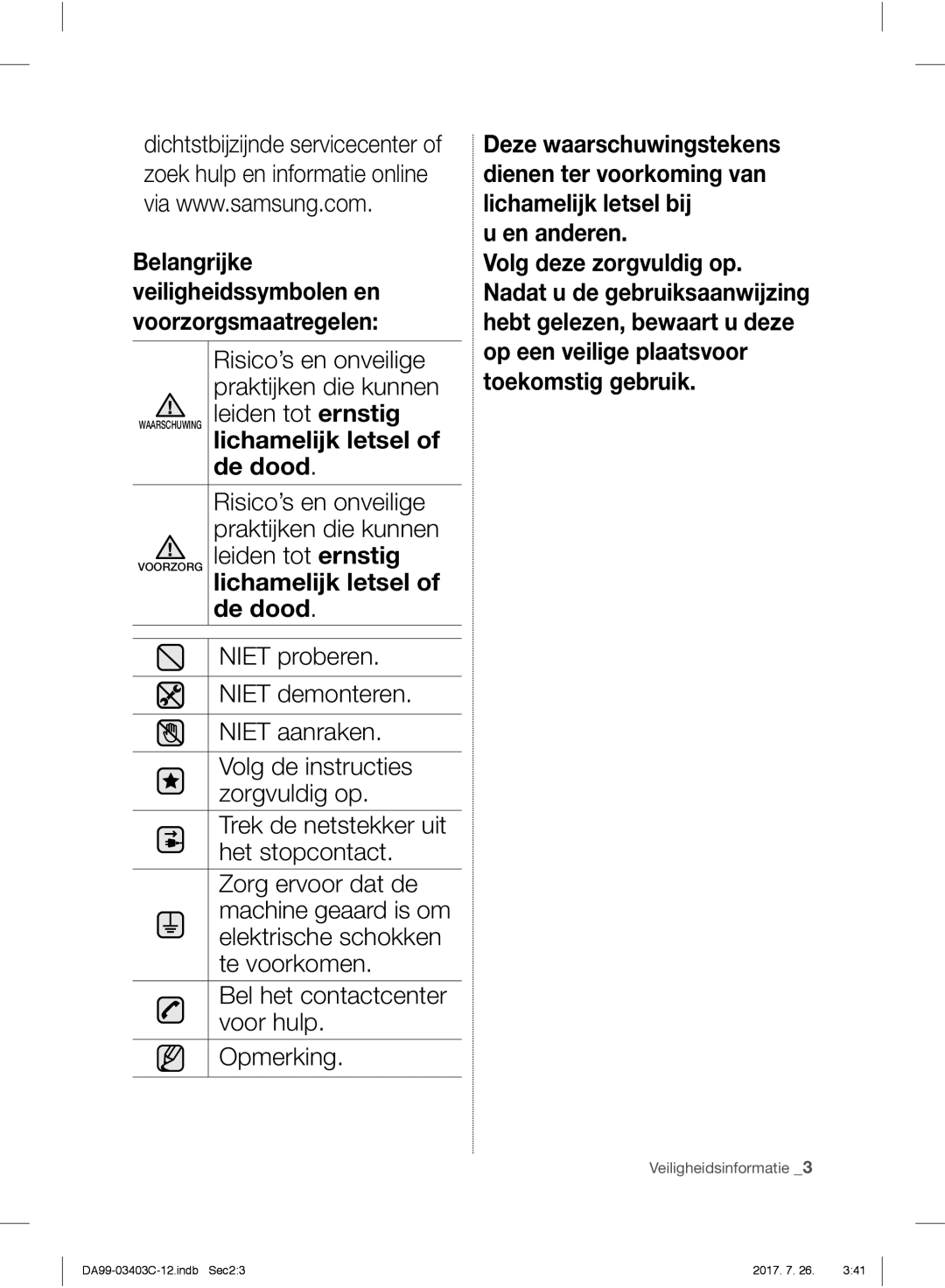 Samsung RFG23UERS1/XEF Risico’s en onveilige, Praktijken die kunnen, Leiden tot ernstig, Niet proberen, Niet demonteren 