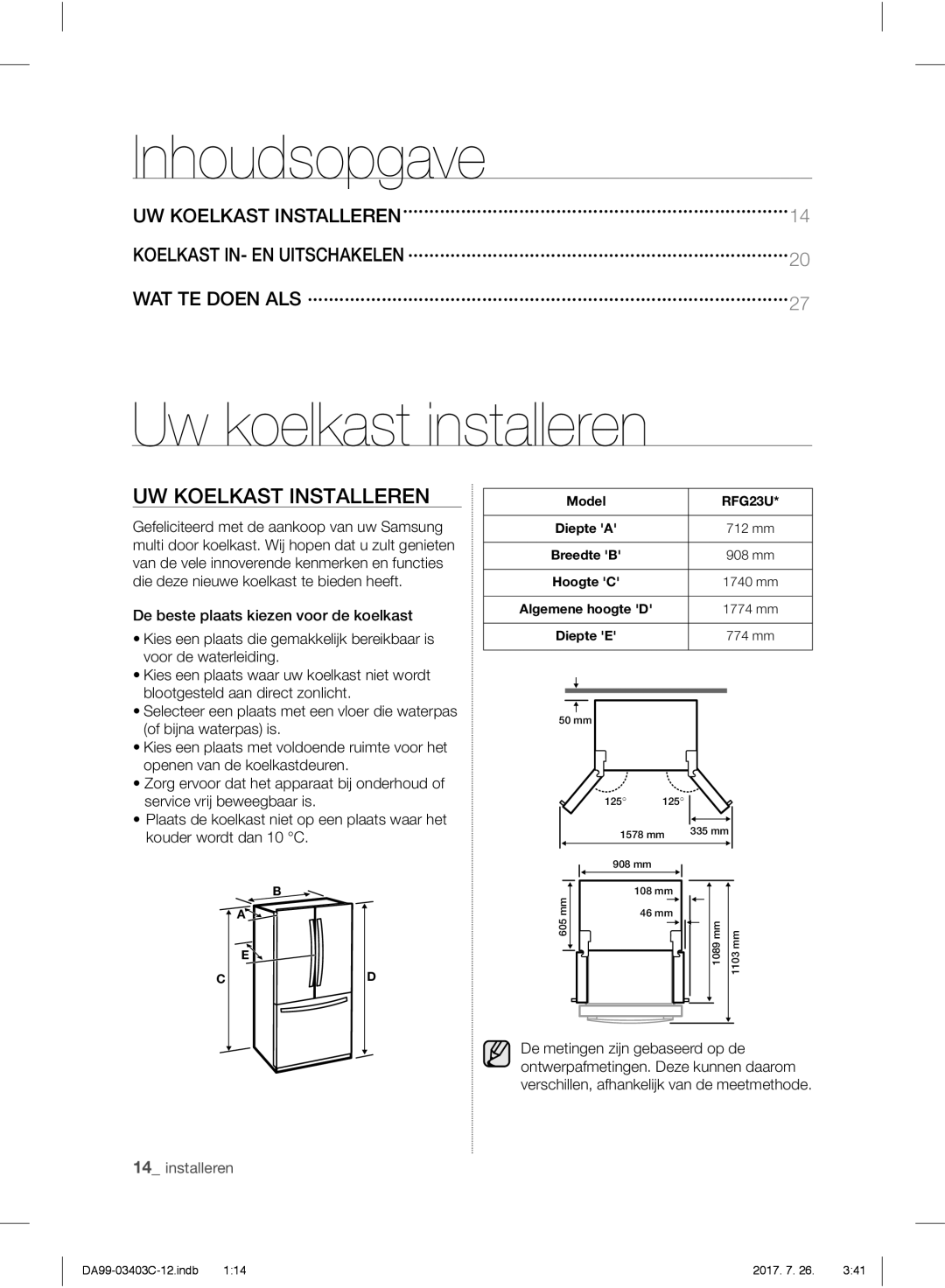 Samsung RFG23RESL1/XEF, RFG23UERS1/XEO, RFG23UERS1/XTR manual Inhoudsopgave, Uw koelkast installeren, UW Koelkast Installeren 