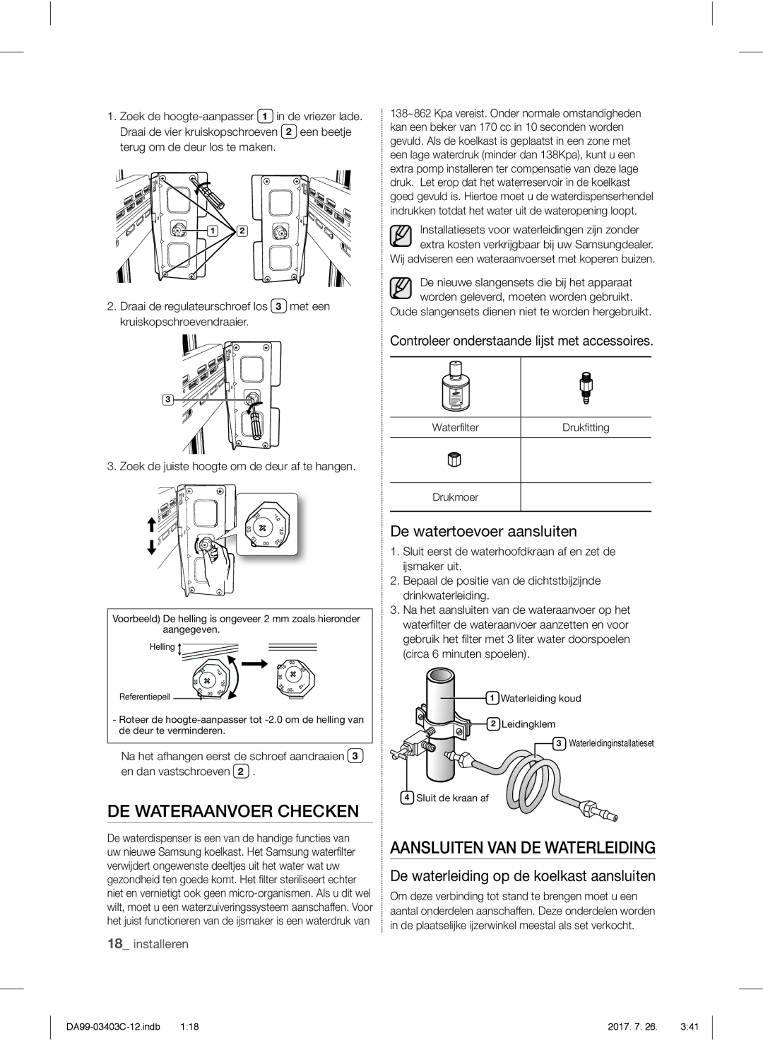 Samsung RFG23RESL1/XEF, RFG23UERS1/XEO DE Wateraanvoer Checken, Aansluiten VAN DE Waterleiding, De watertoevoer aansluiten 