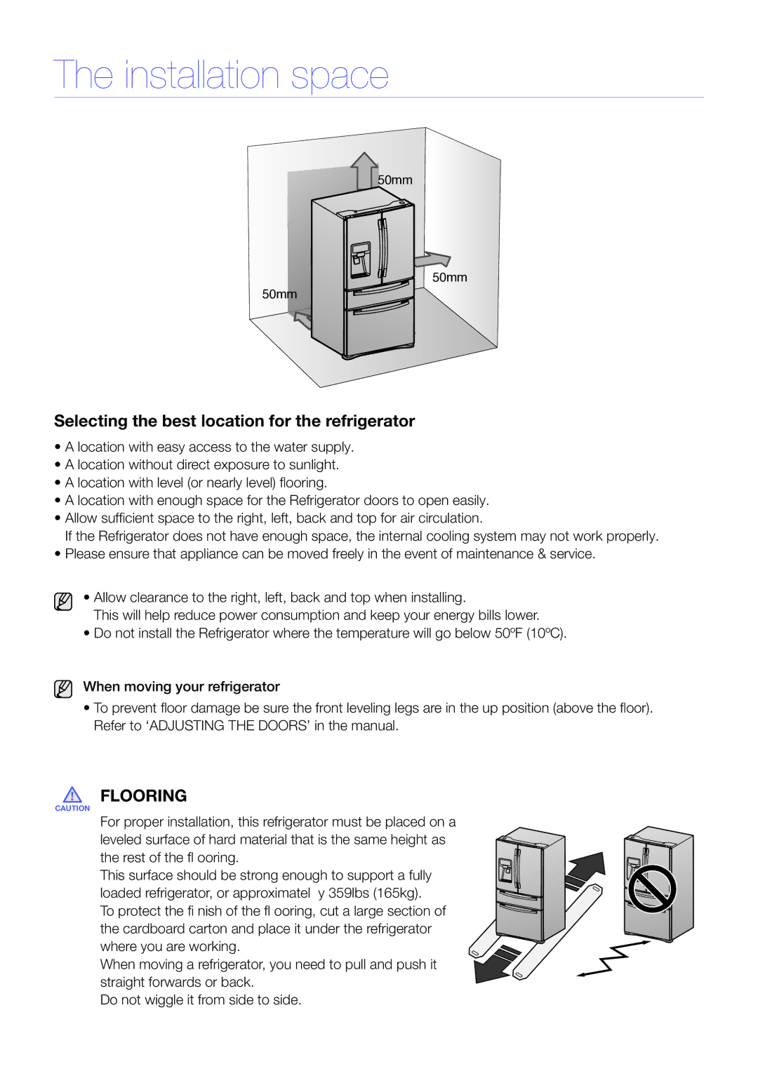 Samsung RFG23UERS1/XEO, RFG28MEPN1/SML manual Installation space, Selecting the best location for the refrigerator 