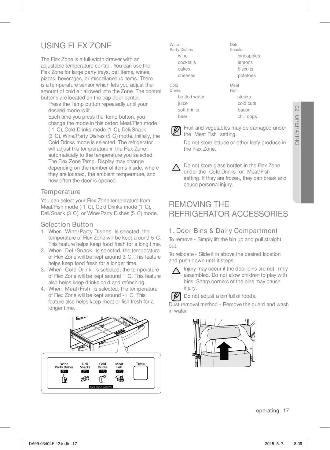 Samsung RFG28MEPN1/SML manual Using Flex Zone, Temperature, Selection Button, Door Bins & Dairy Compartment 