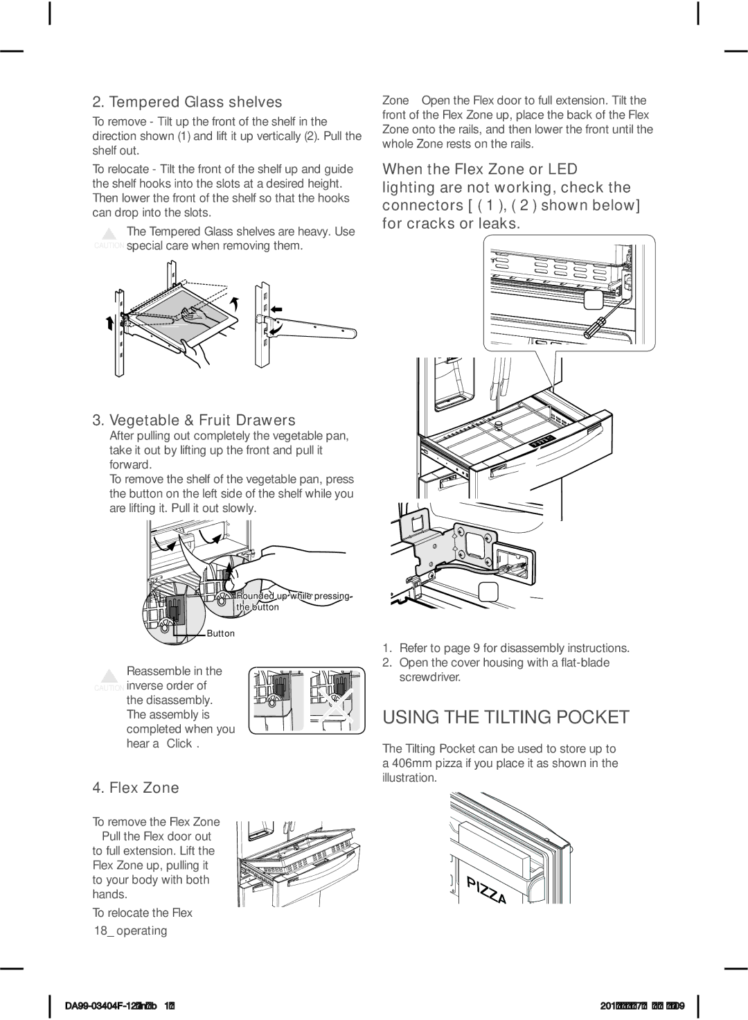 Samsung RFG28MEPN1/SML manual Using the Tilting Pocket, Tempered Glass shelves, Flex Zone 