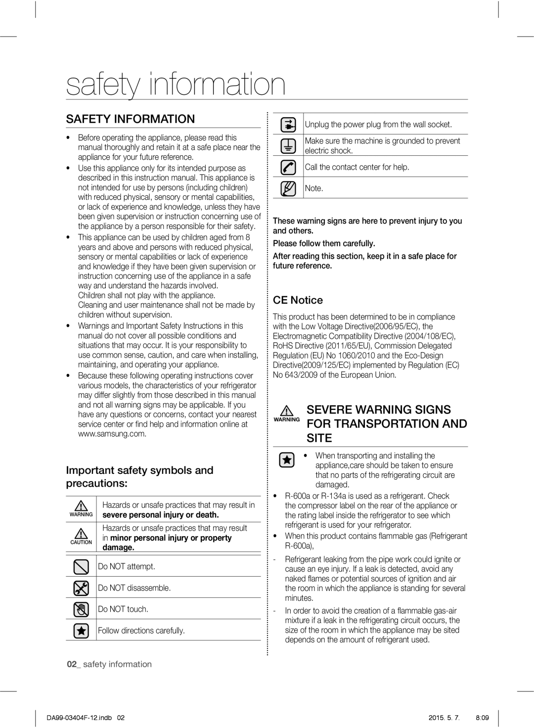 Samsung RFG28MEPN1/SML manual Safety information, Safety Information, Severe Warning Signs Warning for Transportation Site 