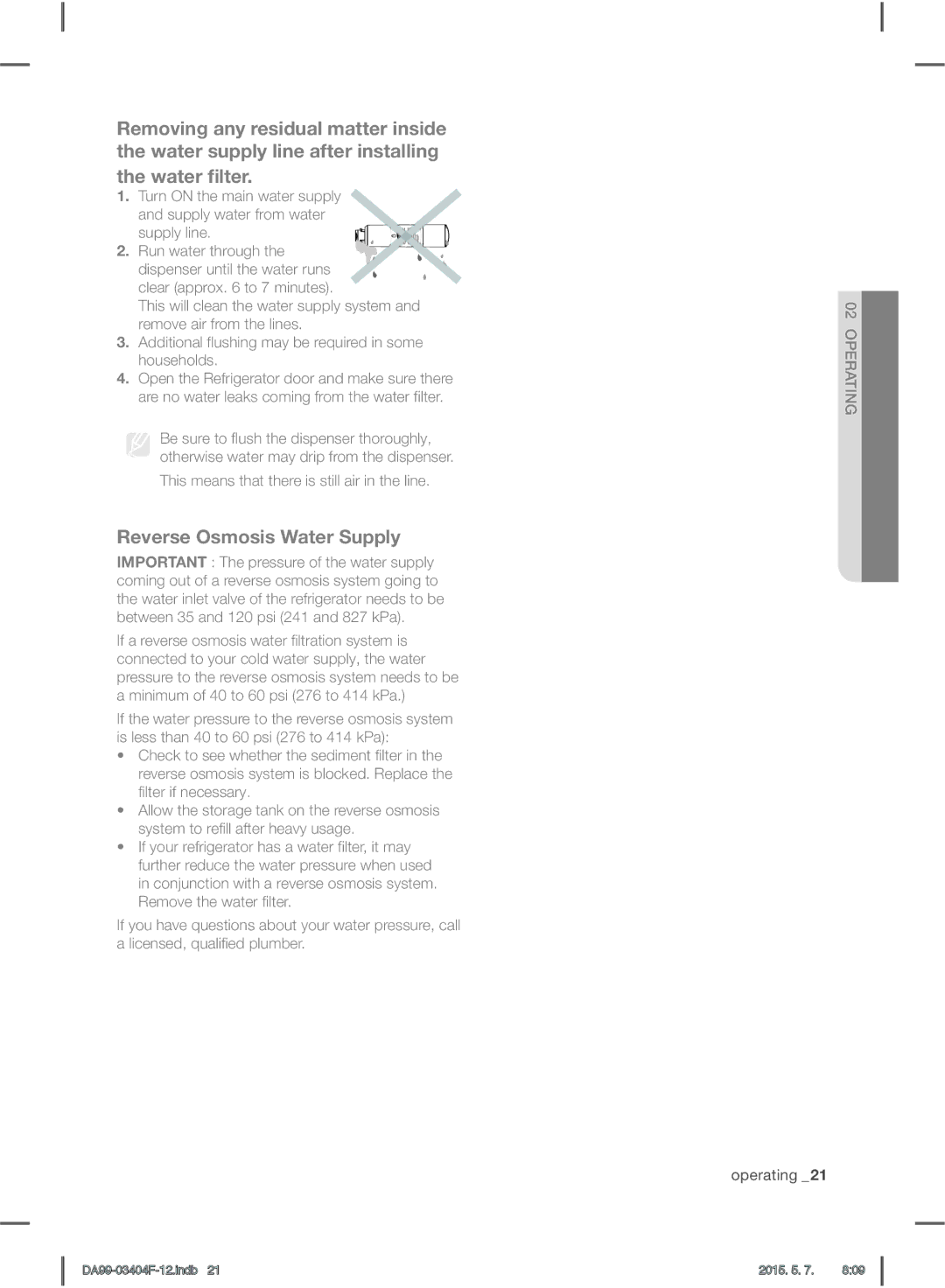 Samsung RFG28MEPN1/SML manual Reverse Osmosis Water Supply, This means that there is still air in the line 