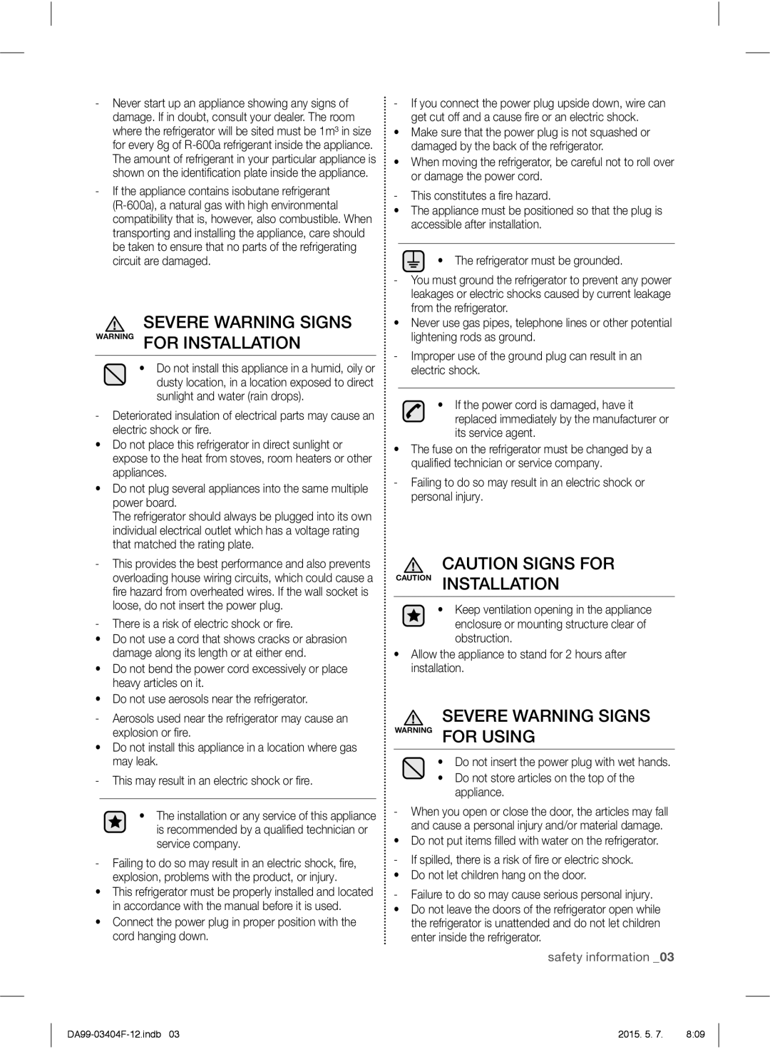 Samsung RFG28MEPN1/SML manual Severe Warning Signs Warning for Installation, Severe Warning Signs Warning for Using 