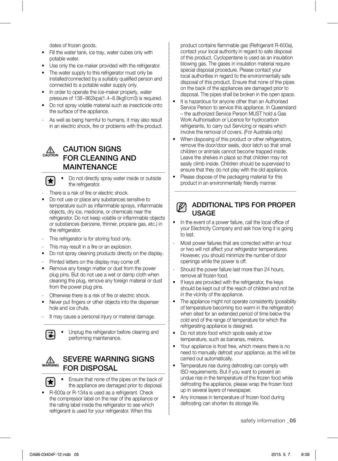 Samsung RFG28MEPN1/SML Maintenance, Severe Warning Signs Warning for Disposal, Printed letters on the display may come off 