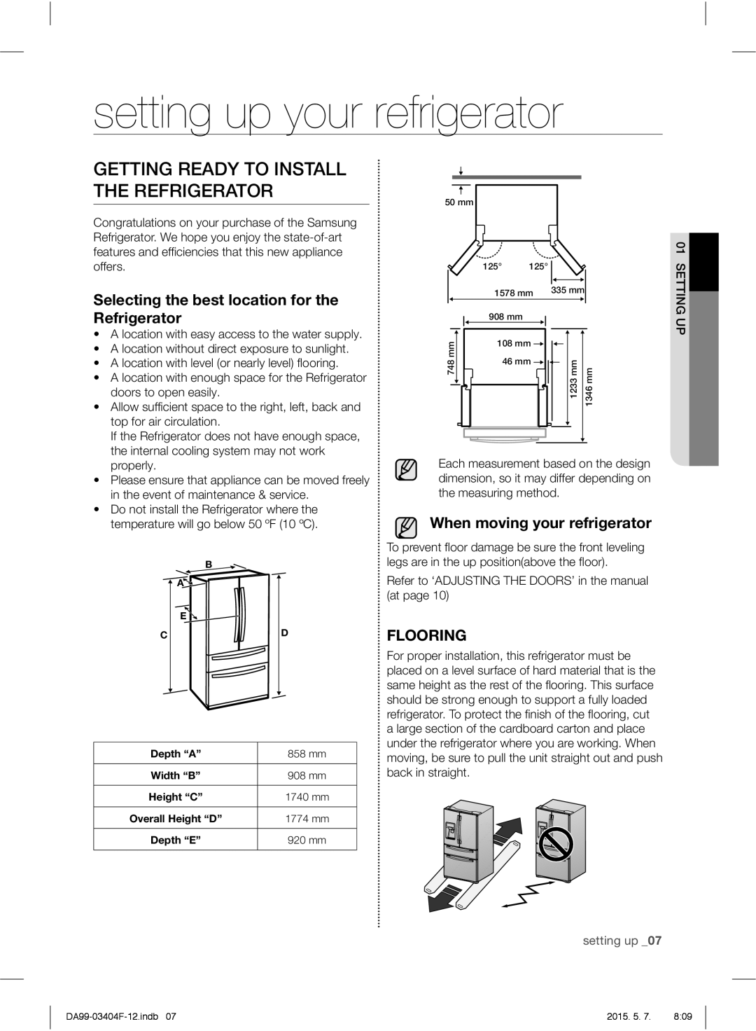 Samsung RFG28MEPN1/SML manual Setting up your refrigerator, Getting Ready to Install the Refrigerator 