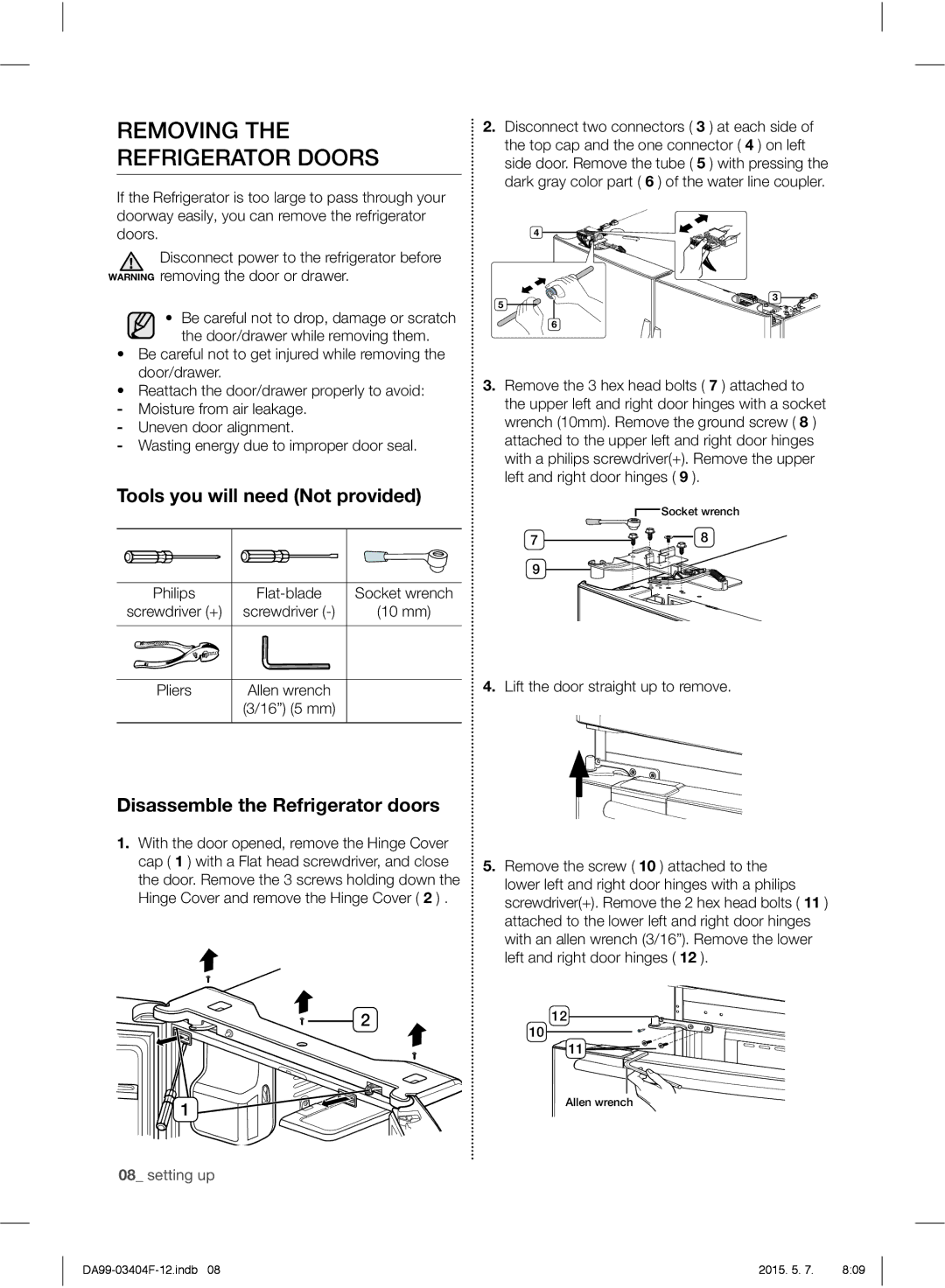 Samsung RFG28MEPN1/SML Removing Refrigerator Doors, Tools you will need Not provided, Disassemble the Refrigerator doors 