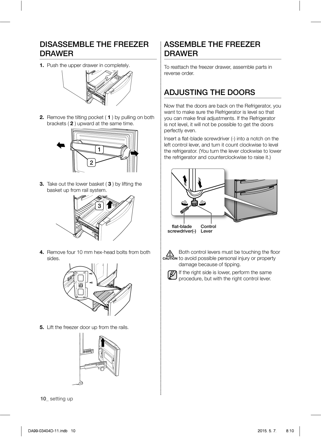 Samsung RFG28MERS1/HAC manual Disassemble the Freezer Drawer, Assemble the Freezer Drawer, Adjusting the Doors 