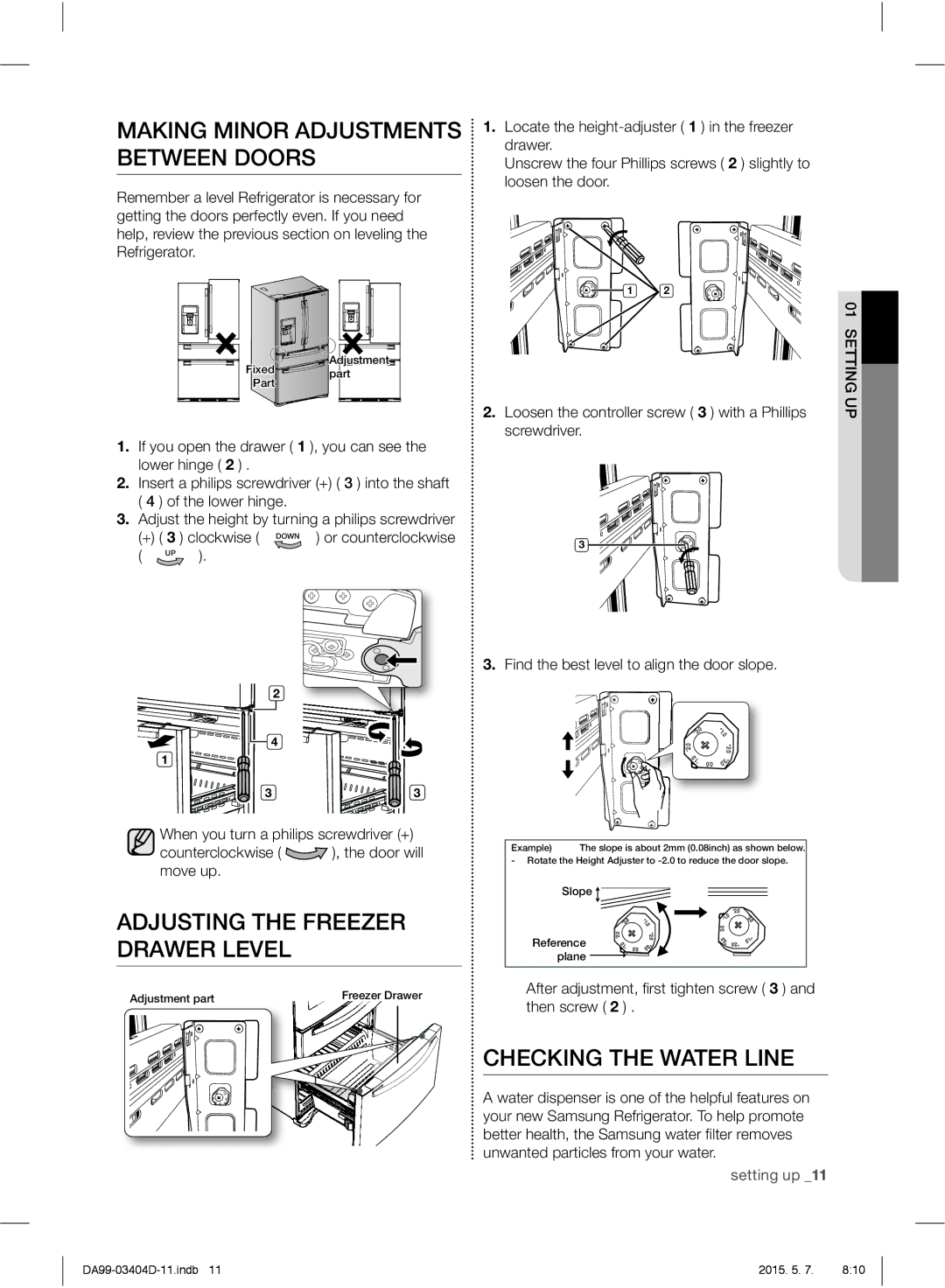 Samsung RFG28MERS1/HAC Making Minor Adjustments Between Doors, Adjusting the Freezer Drawer Level, Checking the Water Line 