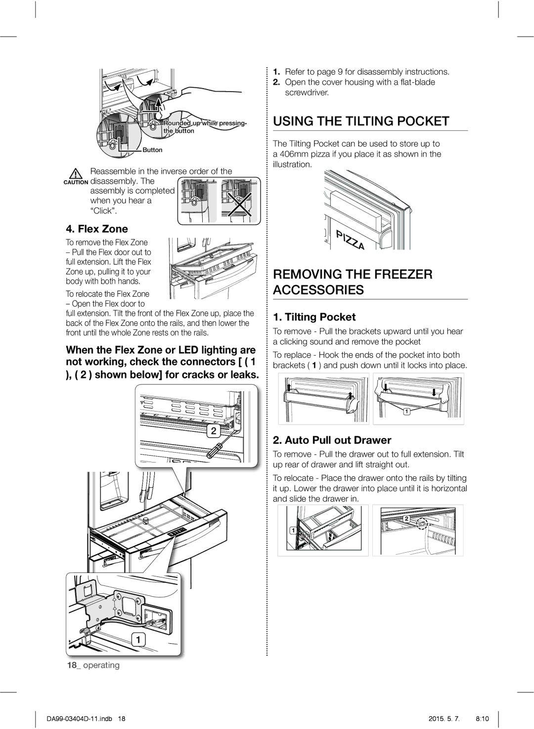 Samsung RFG28MERS1/HAC manual Using the Tilting Pocket, Removing the Freezer Accessories, Flex Zone, Auto Pull out Drawer 