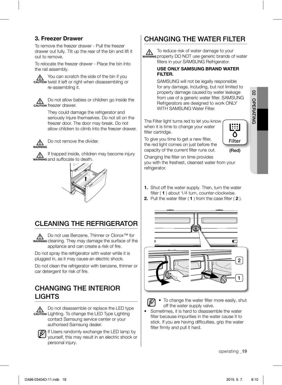 Samsung RFG28MERS1/HAC Changing the Water Filter, Cleaning the Refrigerator, Changing the Interior Lights, Freezer Drawer 