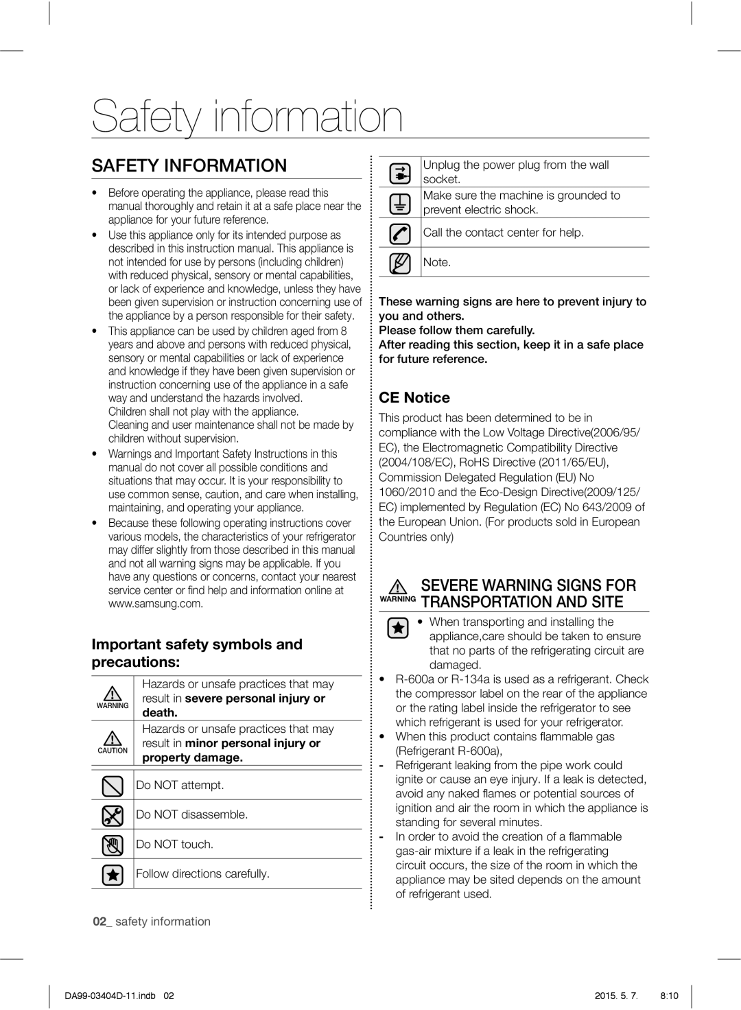 Samsung RFG28MERS1/HAC manual Safety information, Safety Information, Important safety symbols and precautions, CE Notice 