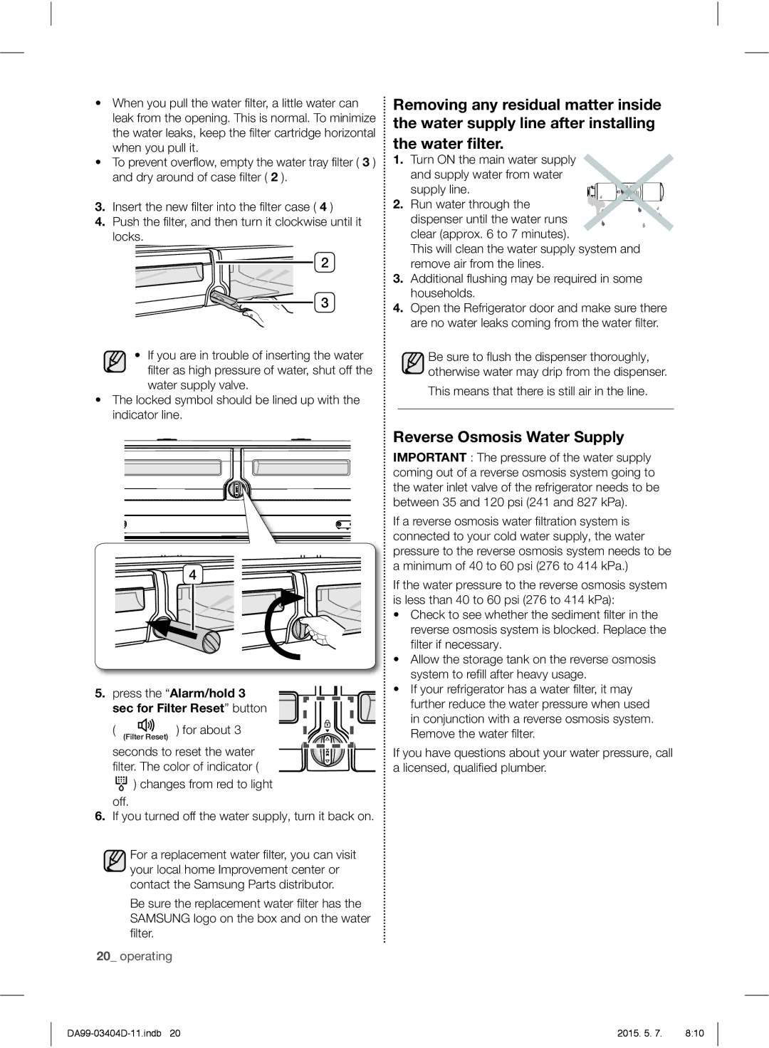 Samsung RFG28MERS1/HAC manual Reverse Osmosis Water Supply, Press the Alarm/hold 3 sec for Filter Reset button 