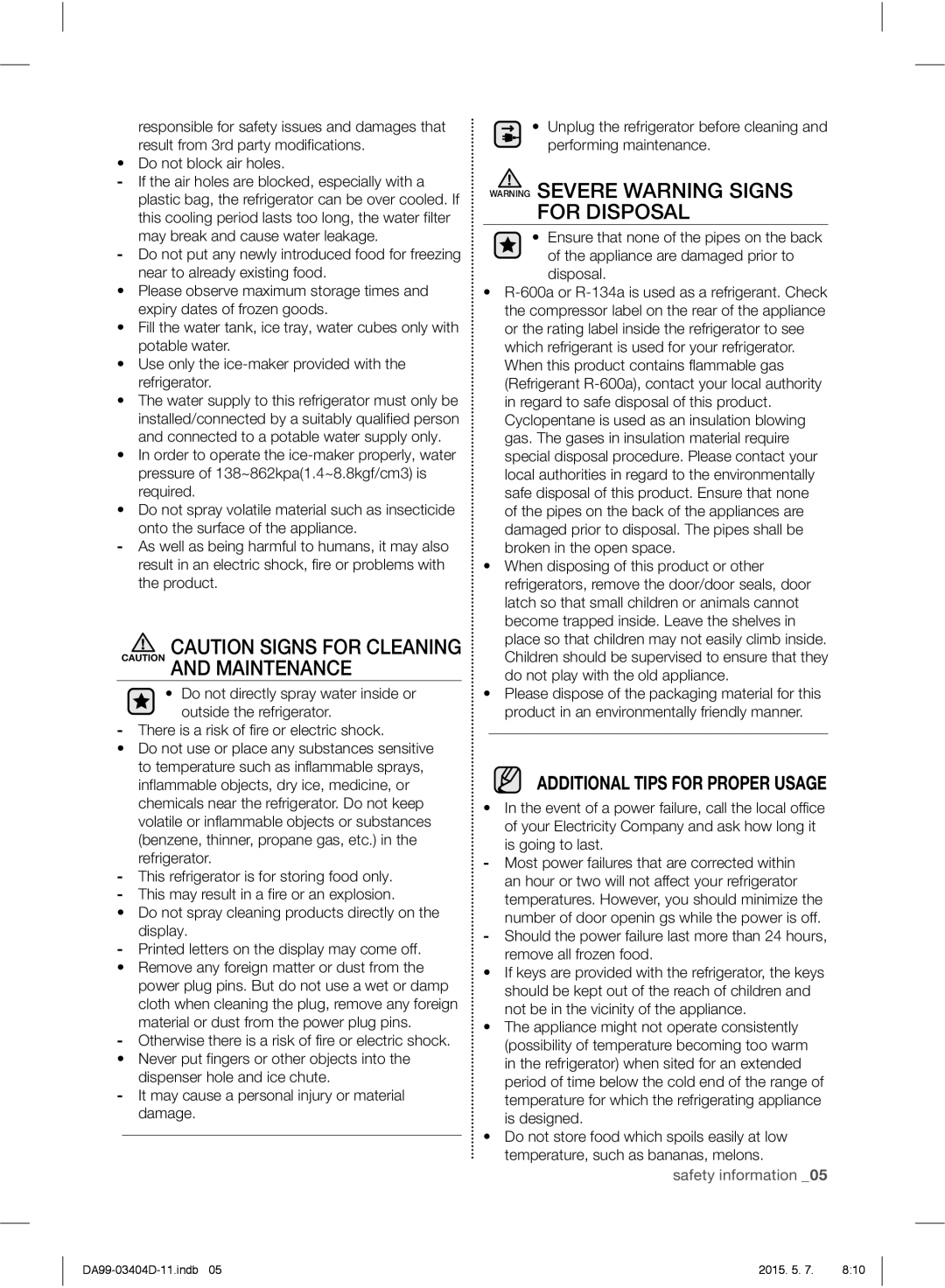 Samsung RFG28MERS1/HAC manual Additional Tips for Proper Usage 