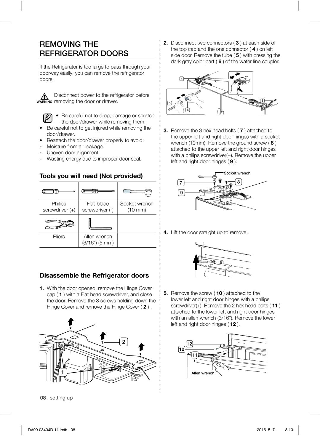 Samsung RFG28MERS1/HAC Removing Refrigerator Doors, Tools you will need Not provided, Disassemble the Refrigerator doors 