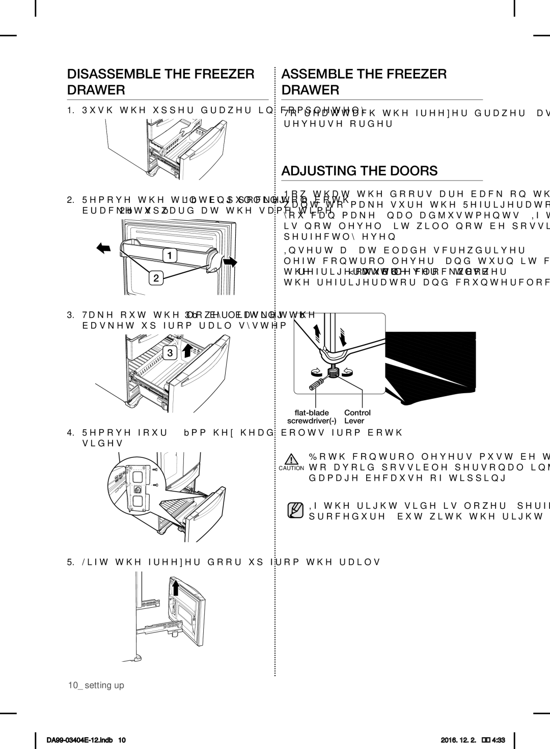 Samsung RFG28MESL1/XSG manual Disassemble the Freezer Drawer, Assemble the Freezer Drawer, Adjusting the Doors 