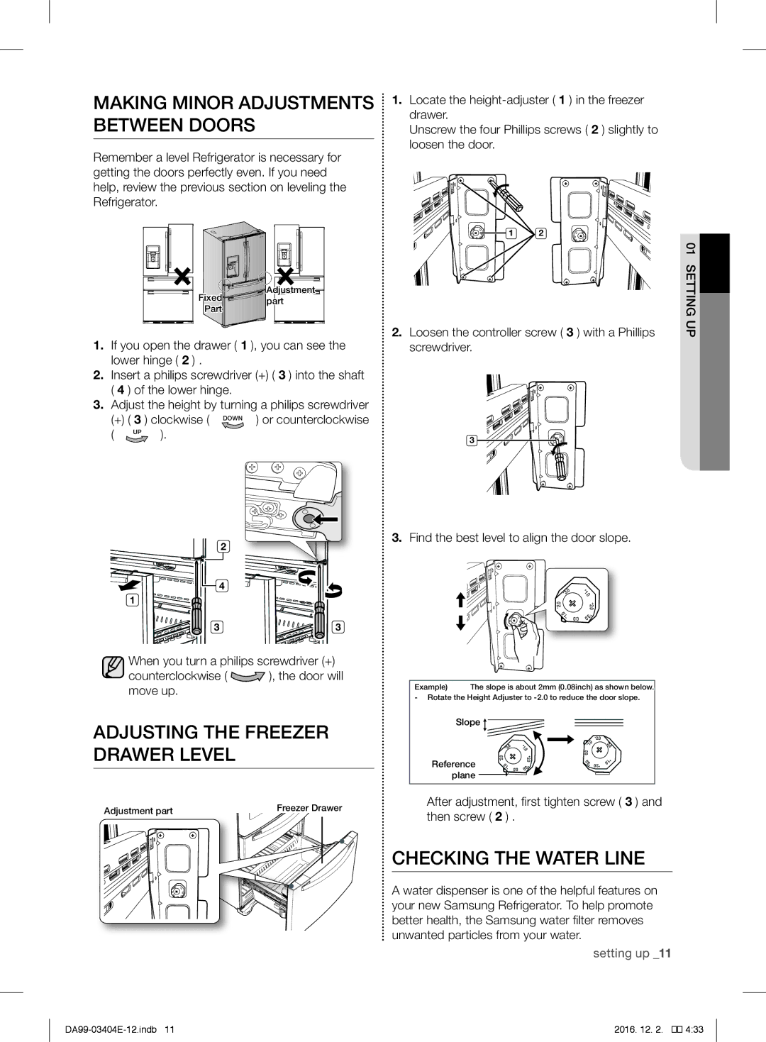 Samsung RFG28MESL1/XSG Making Minor Adjustments Between Doors, Adjusting the Freezer Drawer Level, Checking the Water Line 