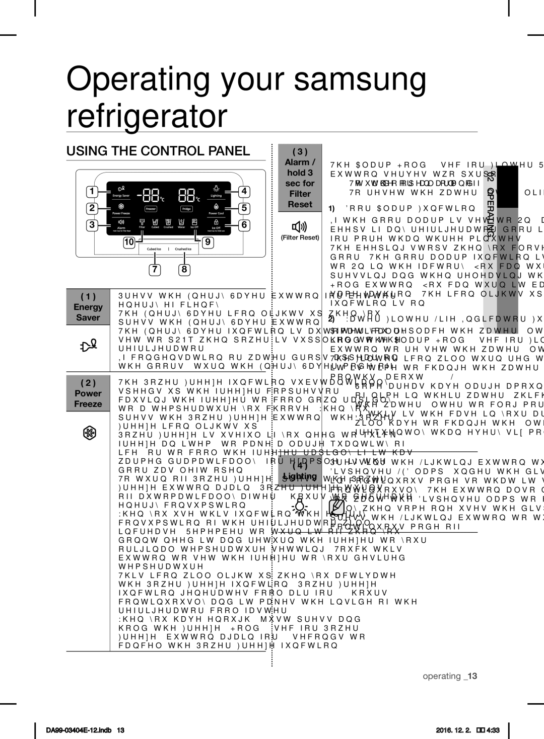 Samsung RFG28MESL1/XSG manual Operating your samsung refrigerator, Using the Control Panel, Alarm Hold Sec for Filter Reset 