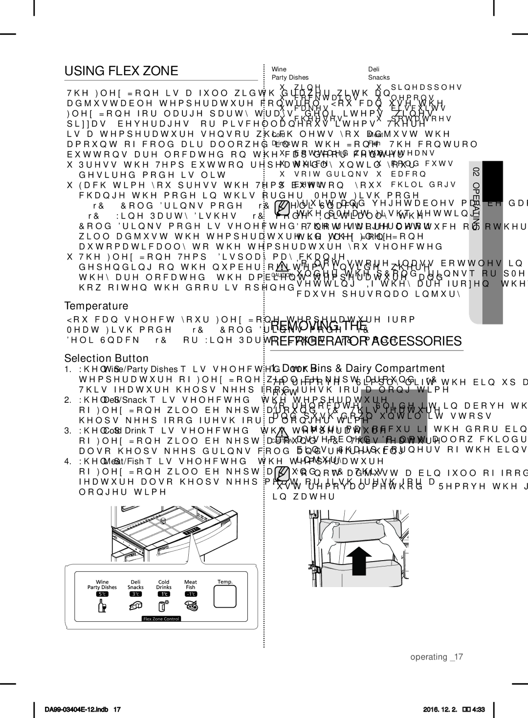 Samsung RFG28MESL1/XSG manual Using Flex Zone, Removing the Refrigerator Accessories, Temperature, Selection Button 