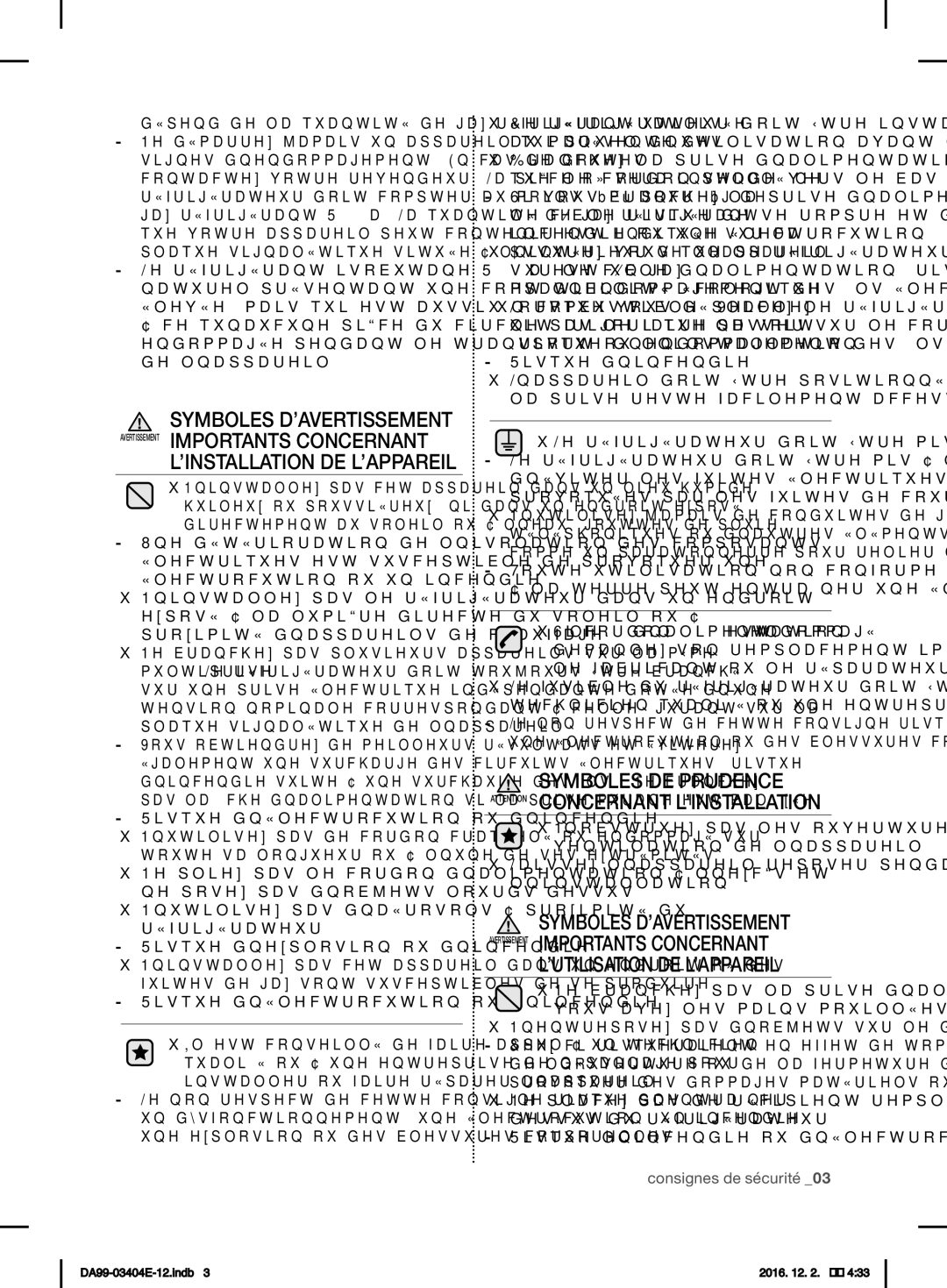 Samsung RFG28MESL1/XSG manual Symboles DE Prudence, ’Utilisation De L’Appareil 