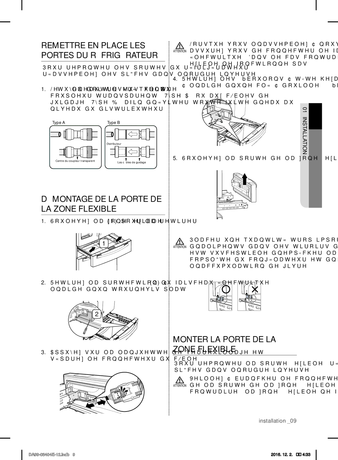 Samsung RFG28MESL1/XSG manual Remettre EN Place LES Portes DU Réfrigérateur, Démontage DE LA Porte DE LA Zone Flexible 