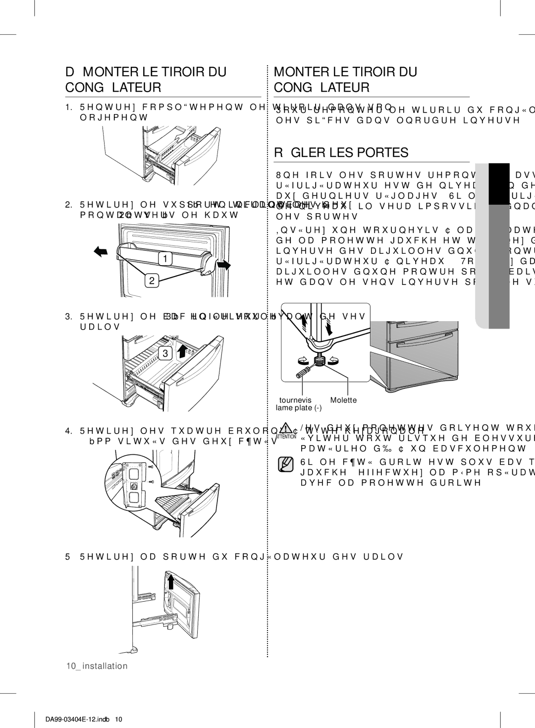 Samsung RFG28MESL1/XSG manual Démonter LE Tiroir DU Congélateur, Monter LE Tiroir DU Congélateur, Régler LES Portes 