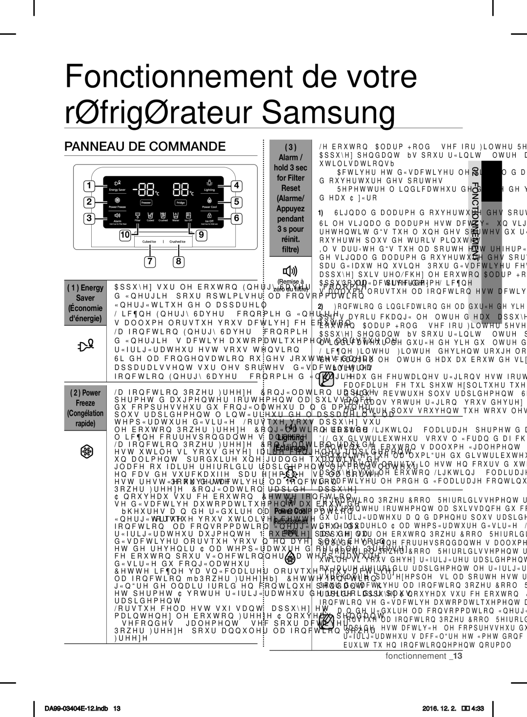 Samsung RFG28MESL1/XSG manual Panneau DE Commande, 02fonctionnement 