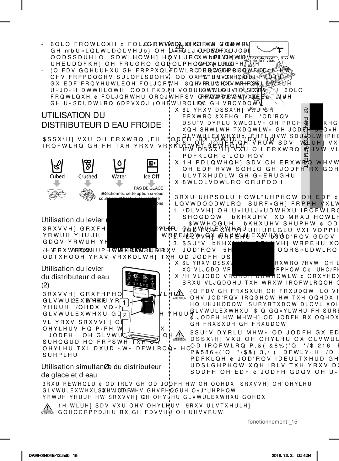 Samsung RFG28MESL1/XSG manual Utilisation DU Distributeur D’EAU Froide, Utilisation du levier 