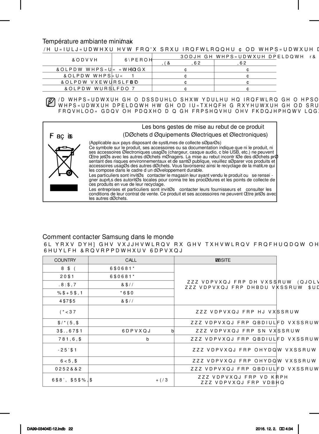 Samsung RFG28MESL1/XSG manual Température ambiante mini./maxi, Comment contacter Samsung dans le monde 