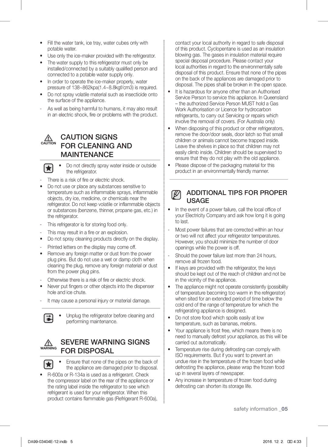 Samsung RFG28MESL1/XSG Maintenance, Severe Warning Signs Warning for Disposal, Printed letters on the display may come off 