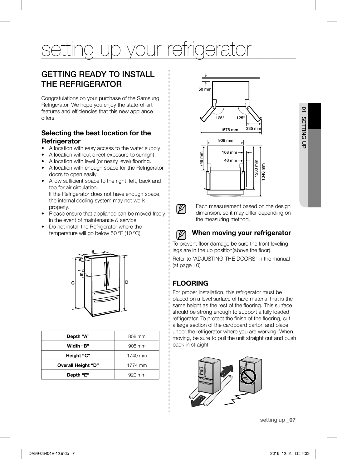 Samsung RFG28MESL1/XSG manual Setting up your refrigerator, Getting Ready to Install the Refrigerator 