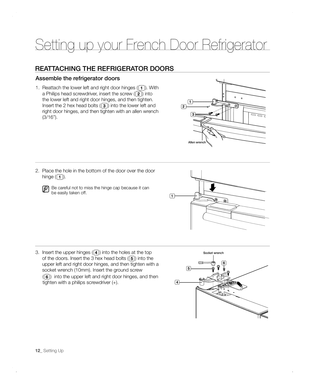 Samsung RFG293HABP user manual REAttACHinG tHE REFRiGERAtoR DooRs, Assemble the refrigerator doors 