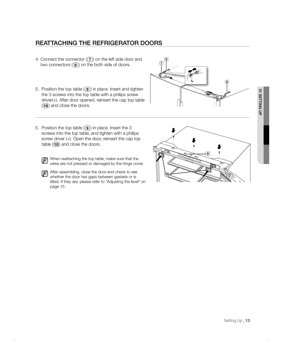 Samsung RFG293HABP user manual REAttACHinG tHE REFRiGERAtoR DooRs 