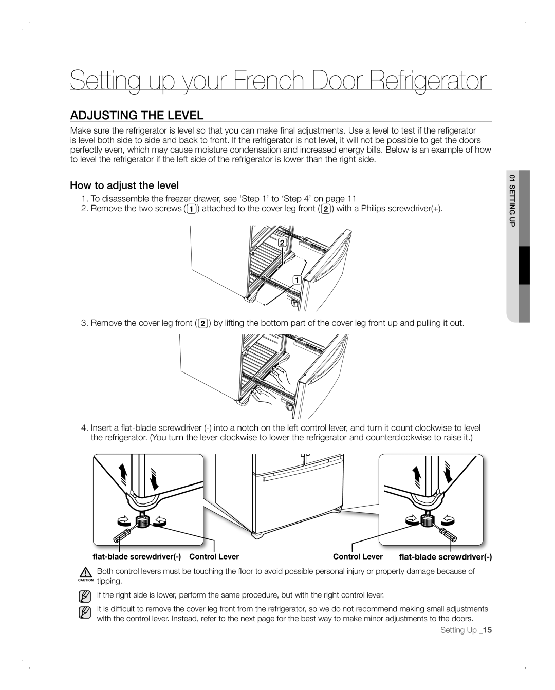 Samsung RFG293HABP user manual Adjusting the Level, How to adjust the level 