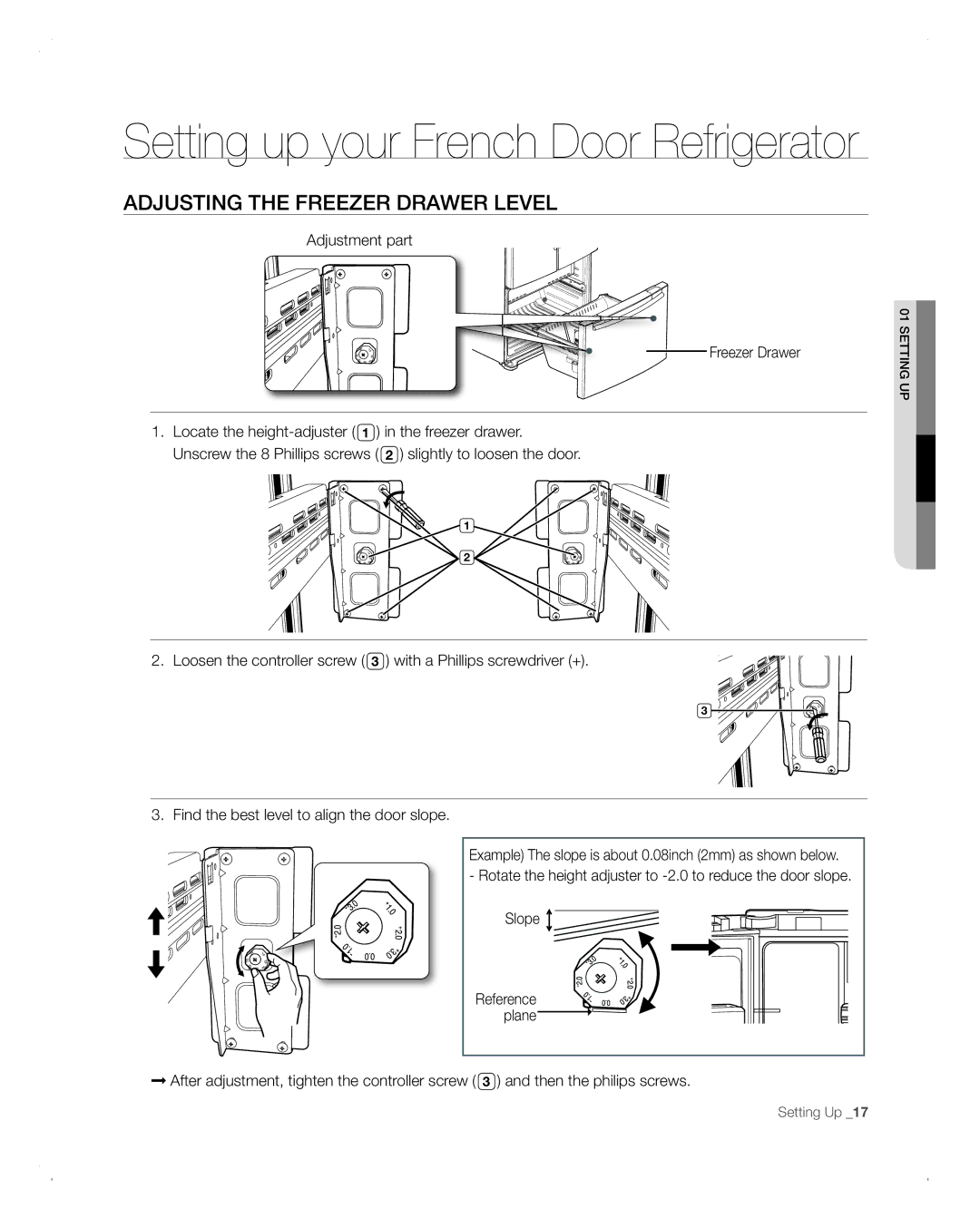 Samsung RFG293HABP user manual Adjusting the Freezer Drawer Level, Adjustment part Freezer Drawer 