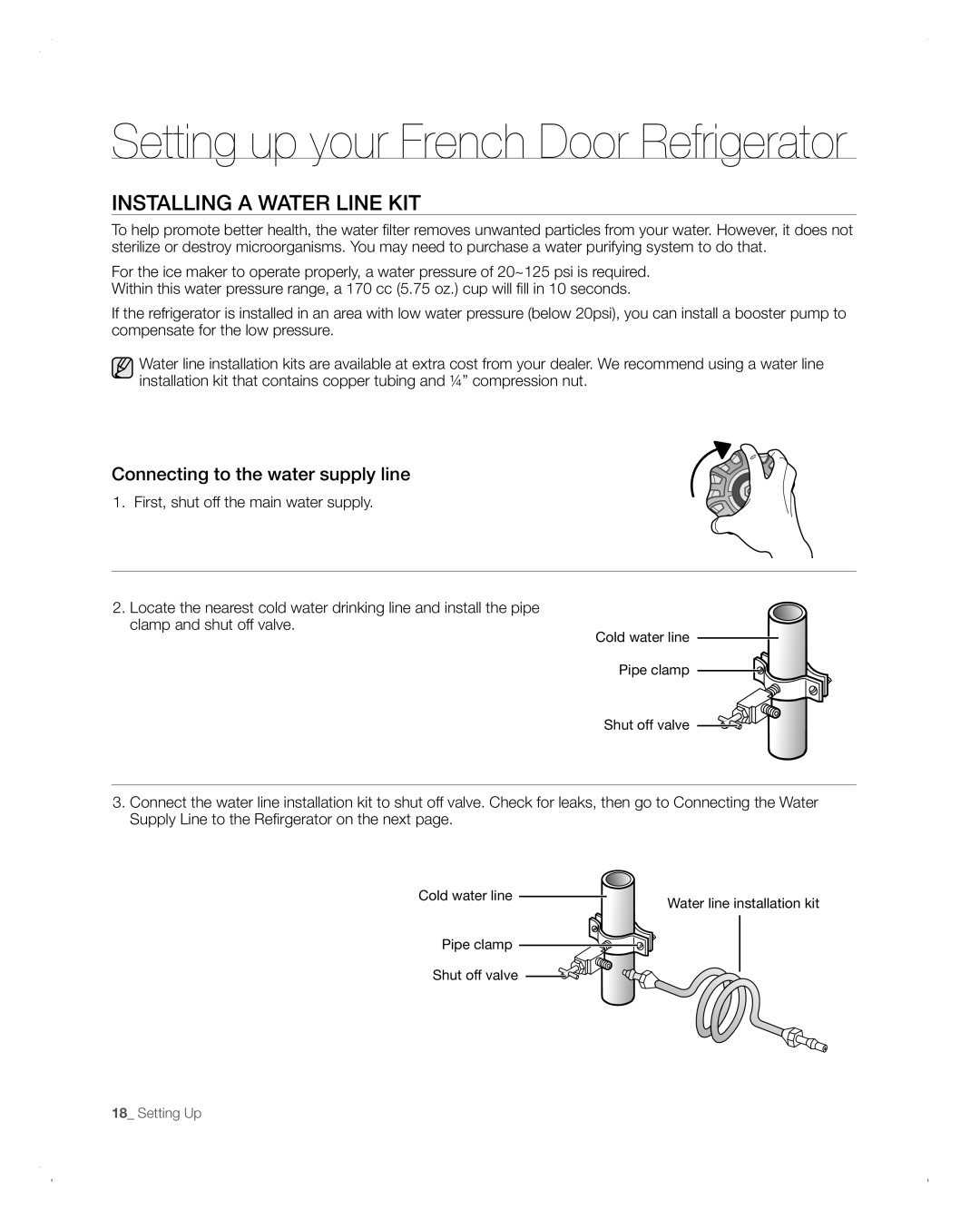 Samsung RFG293HABP user manual Installing a Water Line KIT, Connecting to the water supply line 